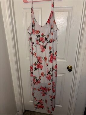 Three Hearts Cream Maxi Dress with Pink Rose Print